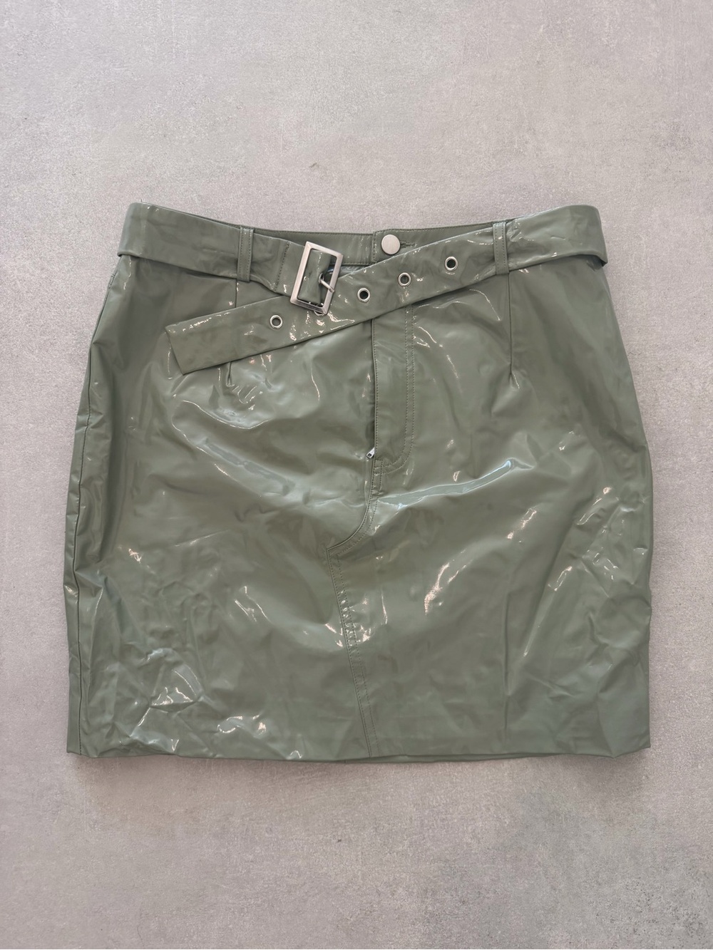 Camila Coelho Olive Green Patent Belted Mini Skirt